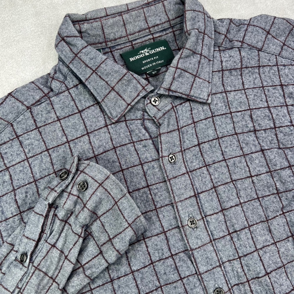 Rodd & Gunn Sports Fit Shirt Mens XL Grey Windowpane Cotton Wool Cashmere Blend